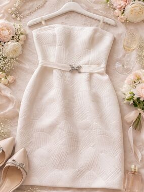 BCBGMaxAzria Ivory Strapless Textured Cocktail Dress with Crystal Accent